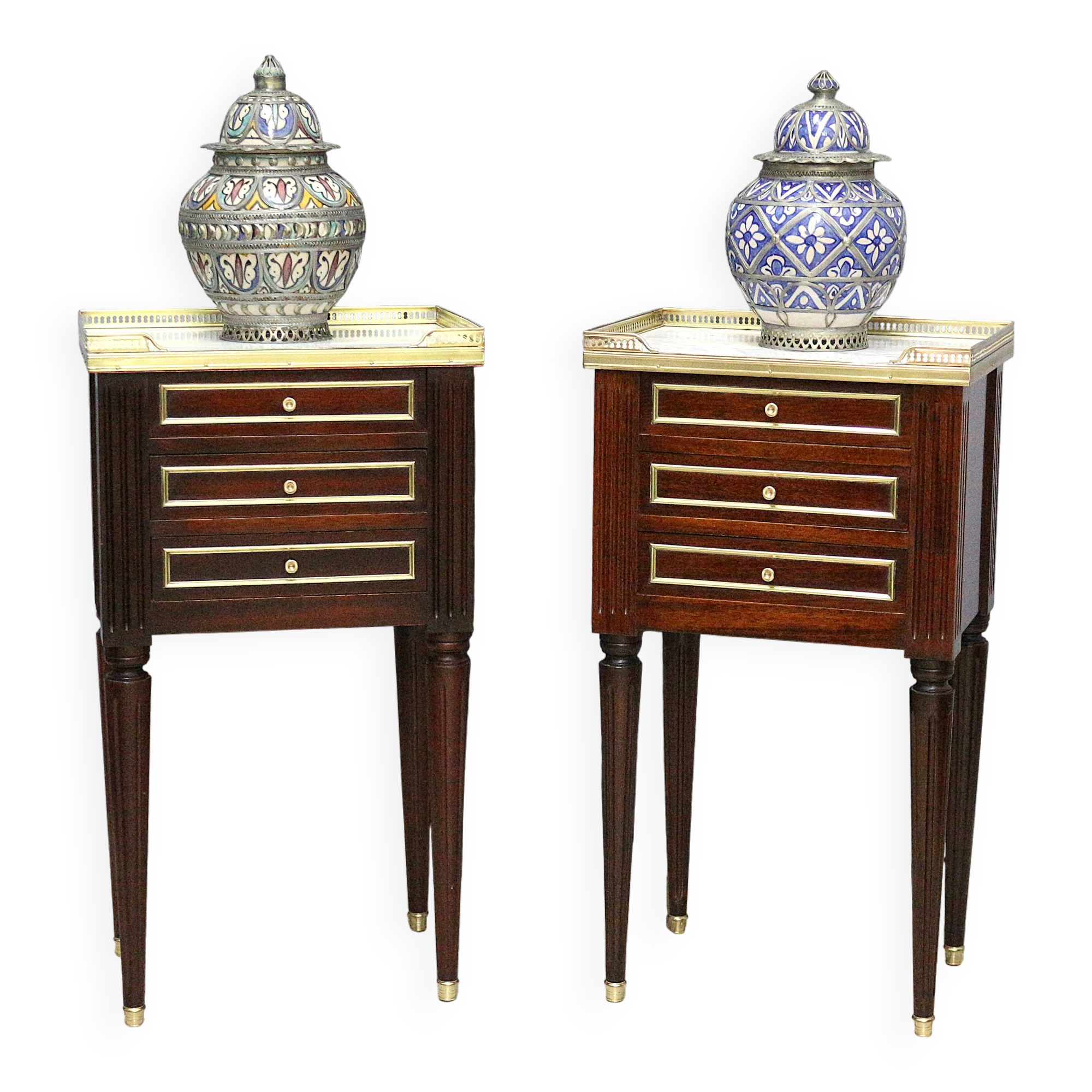 Pair of Nightstands Mahogany White Carrara Marble Louis XVI Style