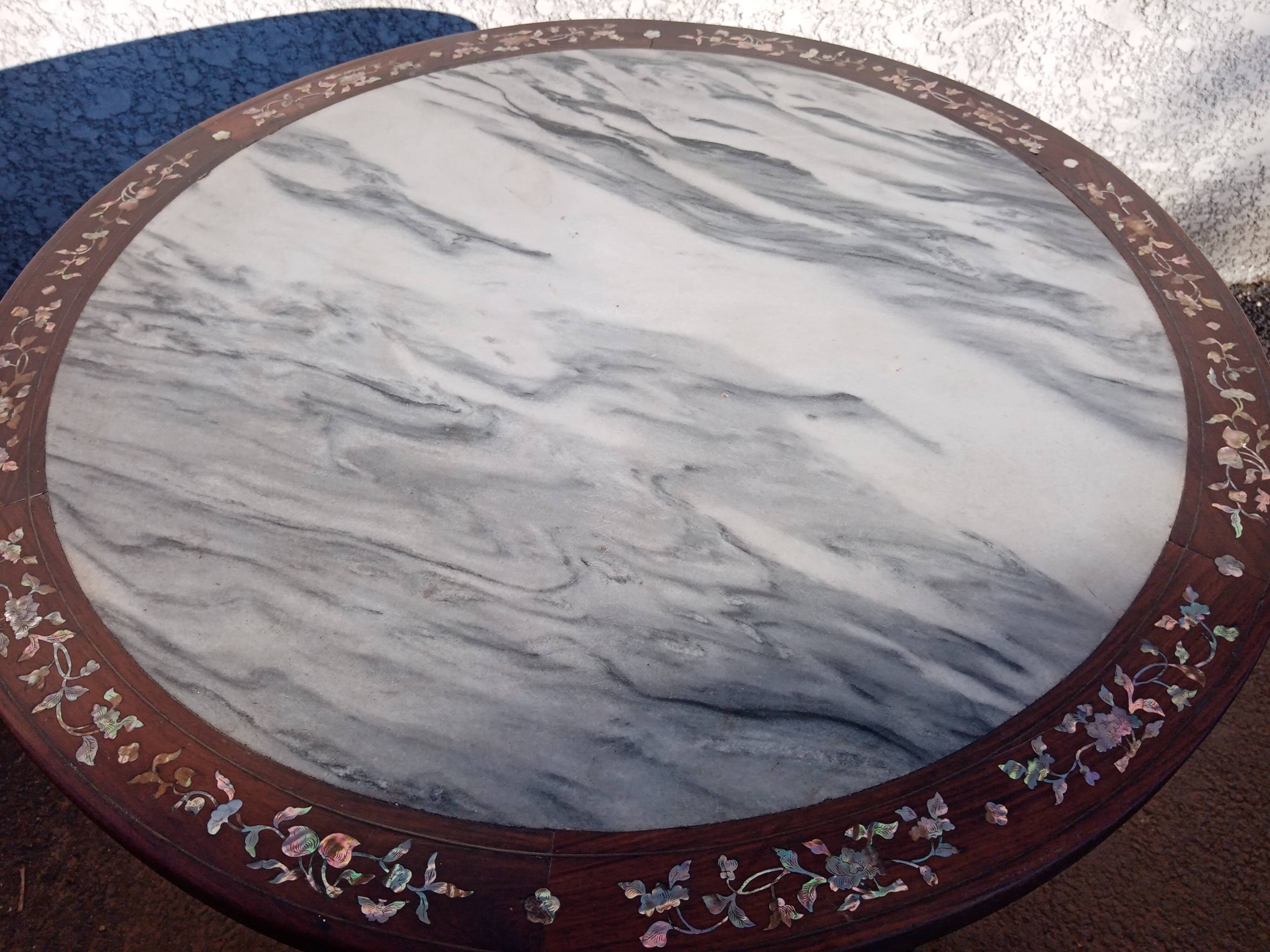 19th century Asian pedestal table with mother-of-pearl and brass inlay