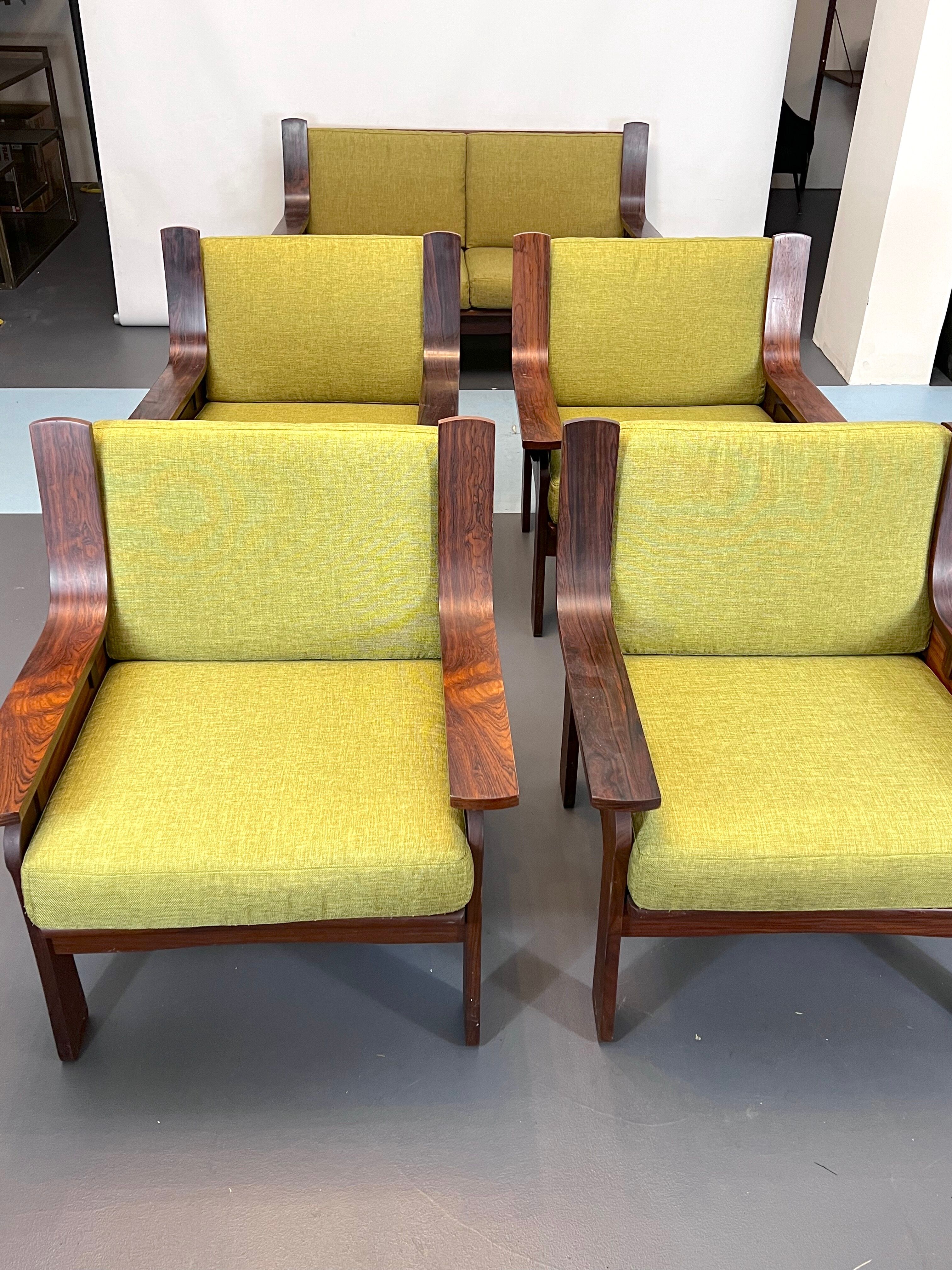 Set of four armchairs and a sofa in wood and green fabric, Italy 1960s