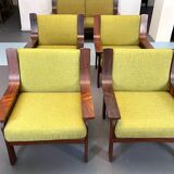 Set of four armchairs and a sofa in wood and green fabric, Italy 1960s