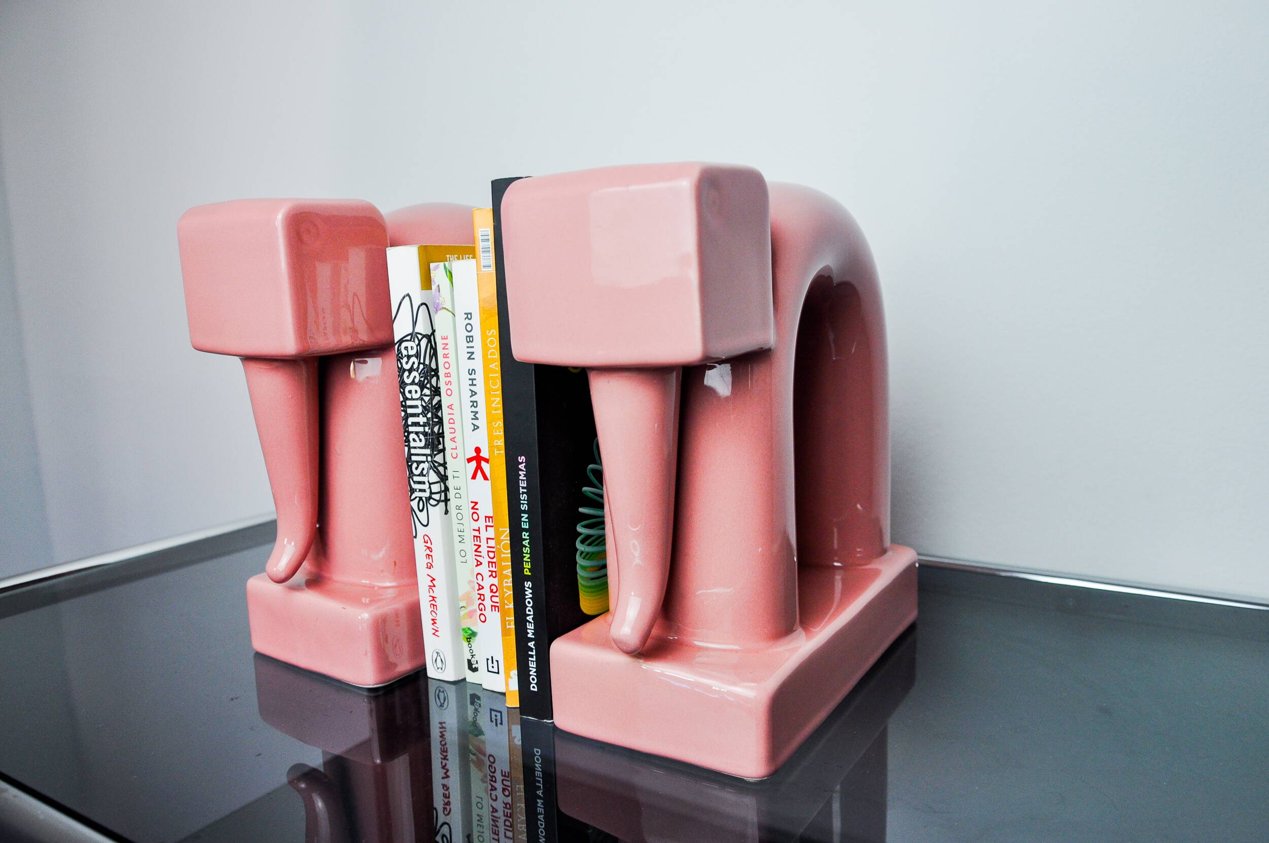 Pair of pink elephants by Guadalupe Coronado, Bookends, ceramic, Spain, 1980