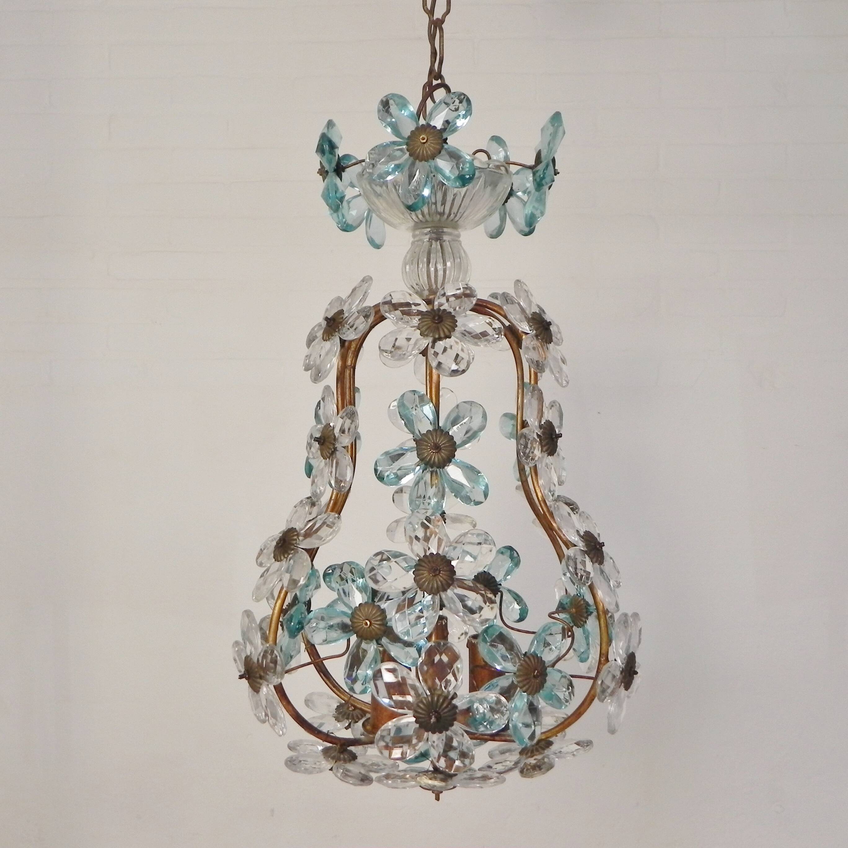 Suspension decorated with 42 blue and clear crystal flowers, Maison Baguès style, 1930s.