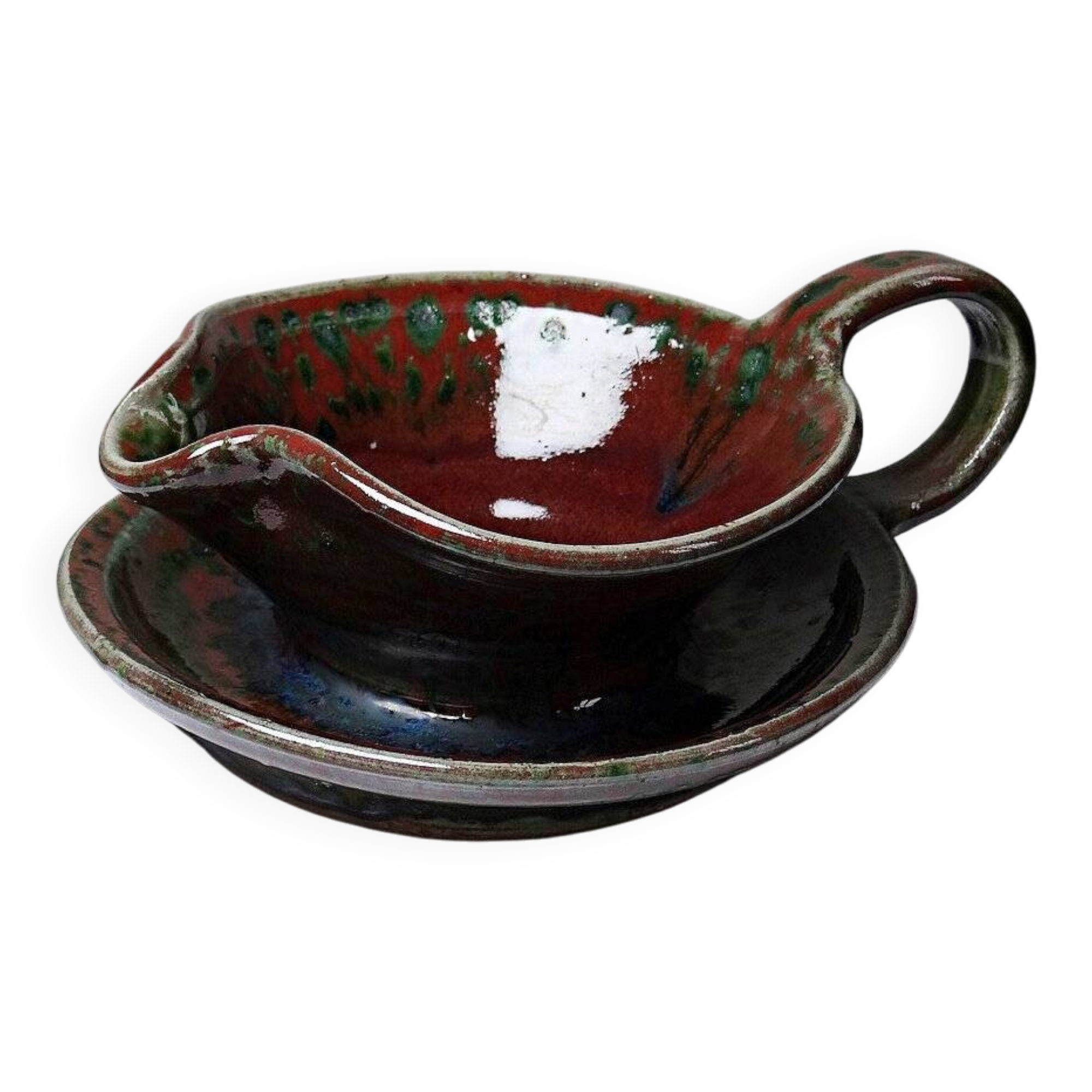 Glazed stoneware sauce boat Fontgombault, red and green, vintage 1960-1970.
