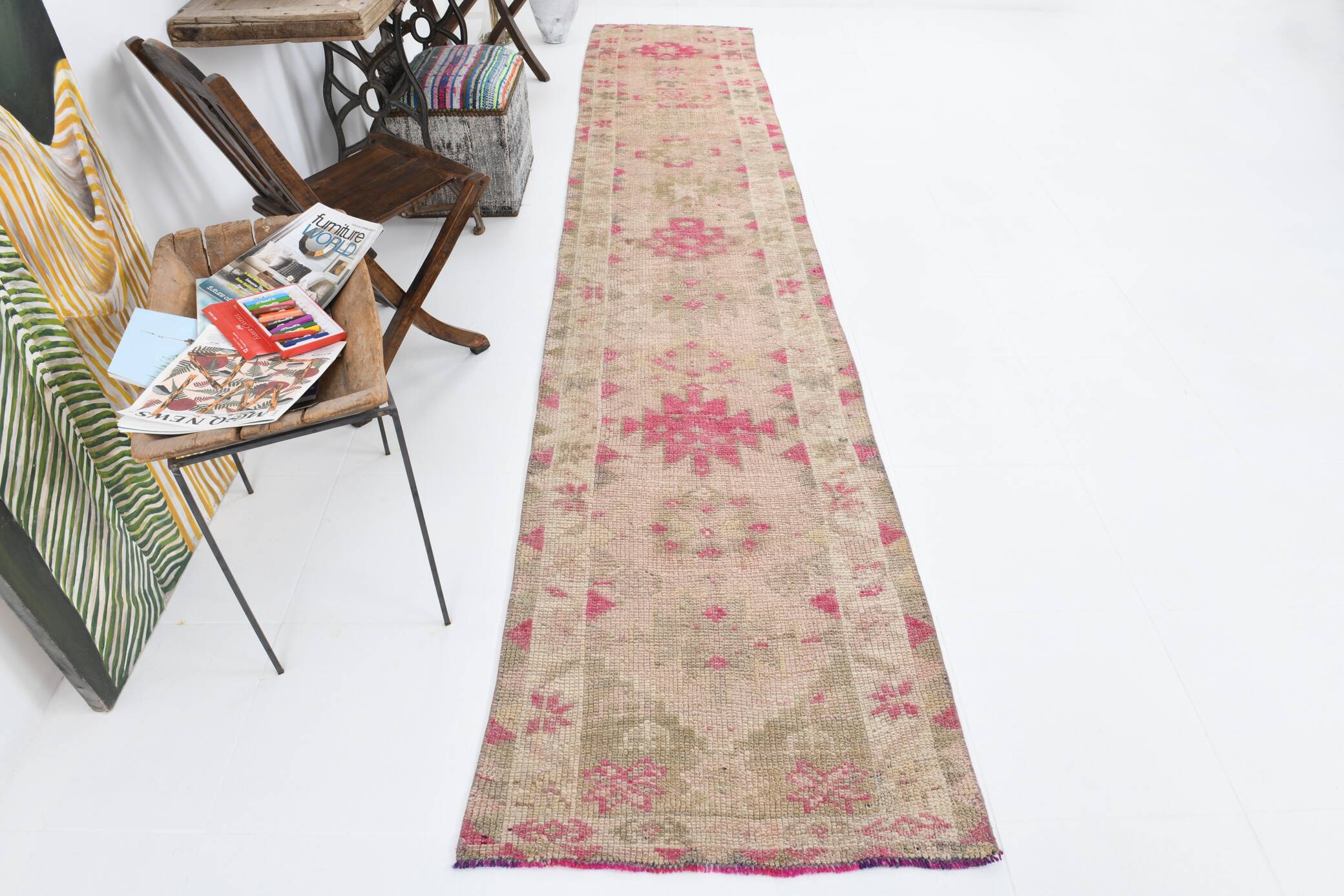 3x13 Rug For Kitchen Pink Beige Herki Vintage Runner Rug, 79x402Cm SK 4146