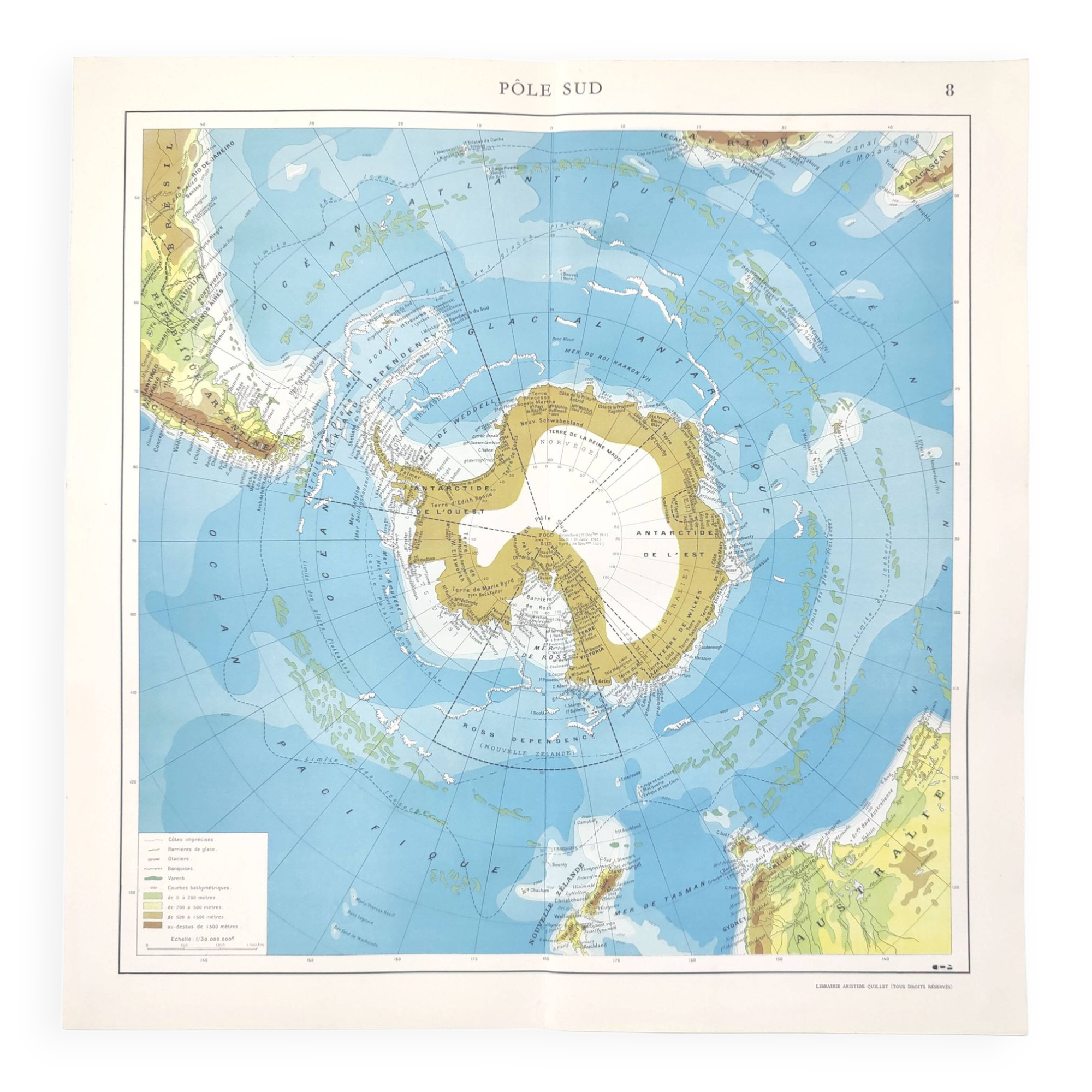 Carte Pôle Sud Antarctique vintage de 1950