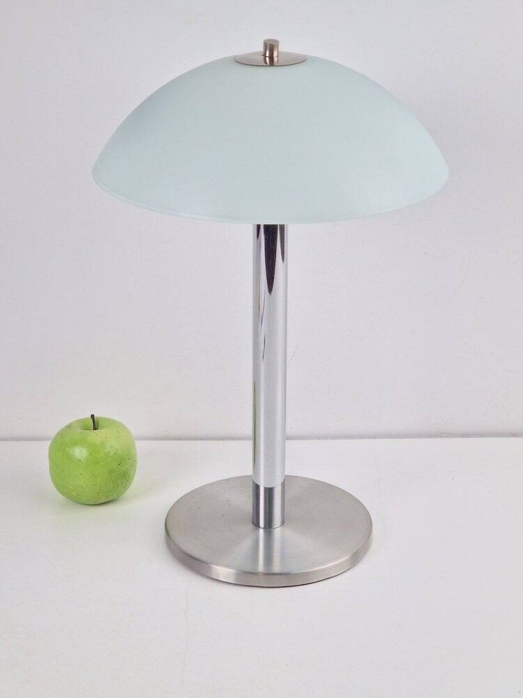Mid-Century Mushroom Table Lamp in Sandblasted Glass, Stainless Steel & Chrome, 1960s