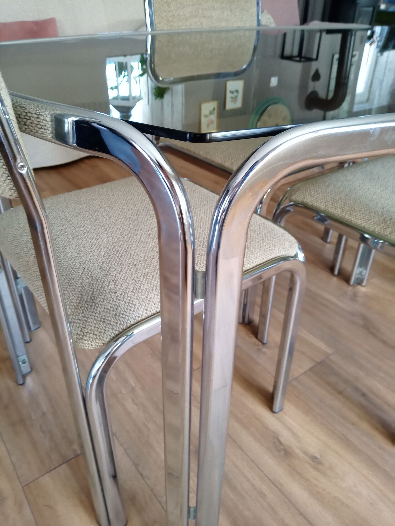 Table and 4 70s chairs chrome base and smoked glass tray chairs green water fabric