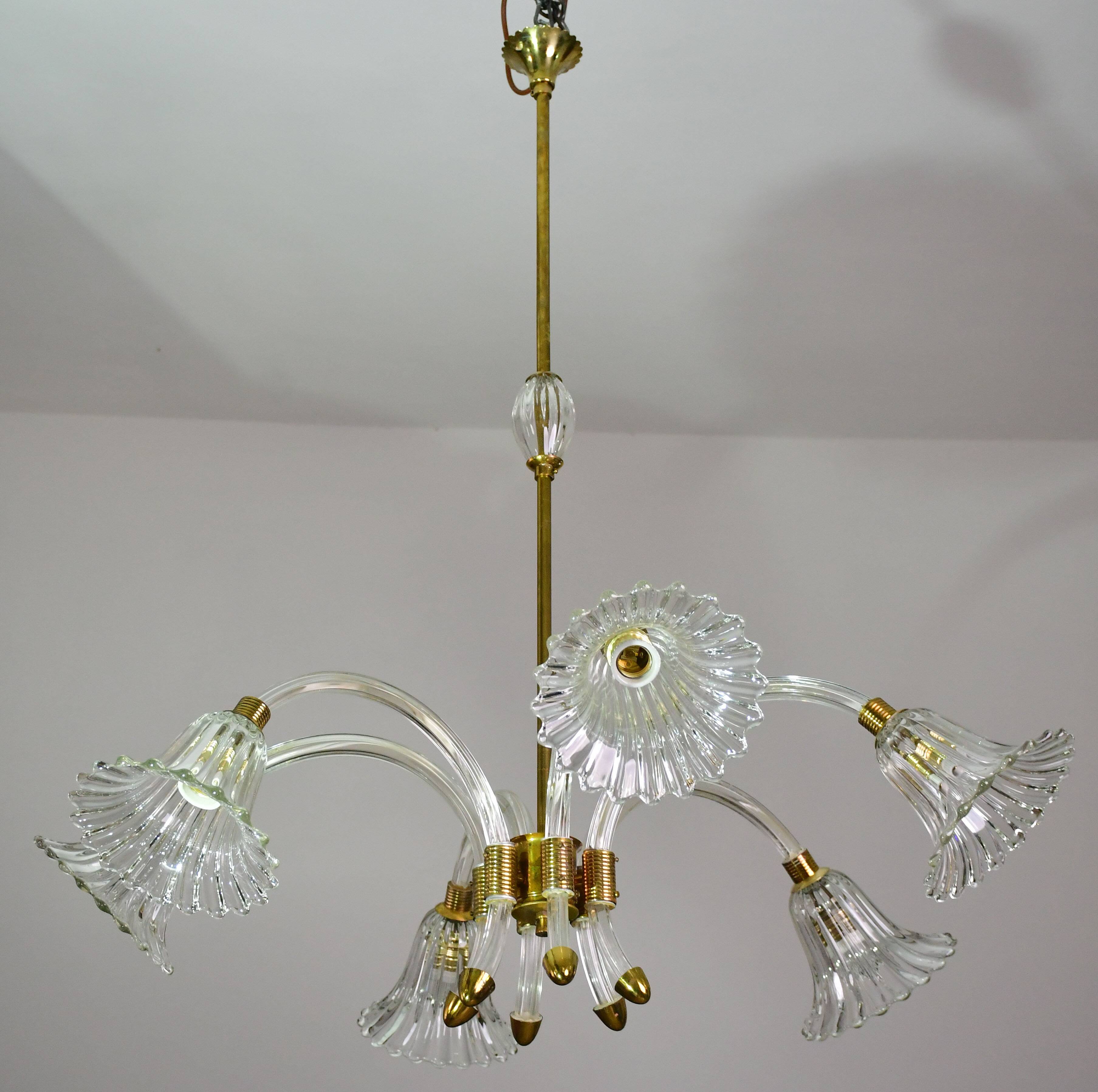 Amazing 6 light Art Deco Murano glass and brass chrome chandelier by Barovier