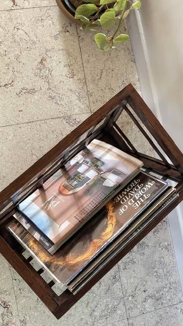 Vintage woven oak magazine rack
