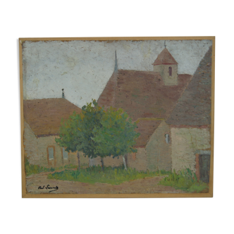 Le village et son église, huile sur toile, signée Lecomte Paul