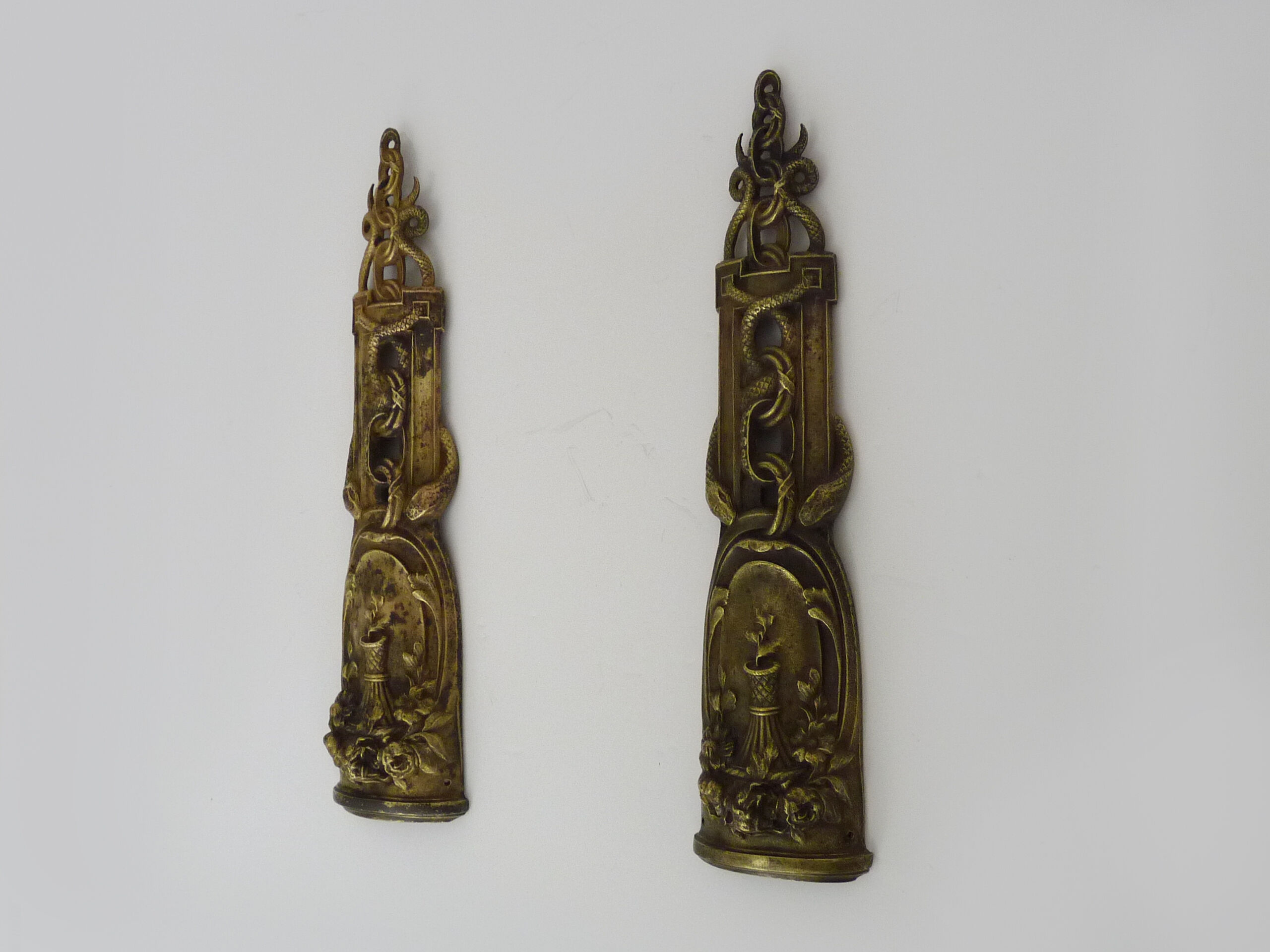 Pair of pharmacy storefront, doctor, caduceus bronze medicine. Early twentieth century