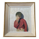 Portrait painting of a child with an apple signed Paoli vintage 1950