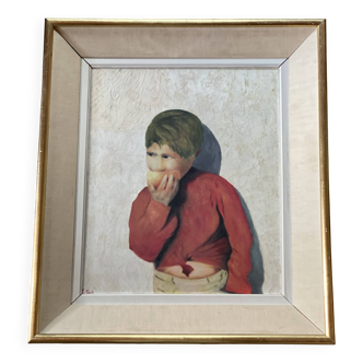 Portrait painting of a child with an apple signed Paoli vintage 1950