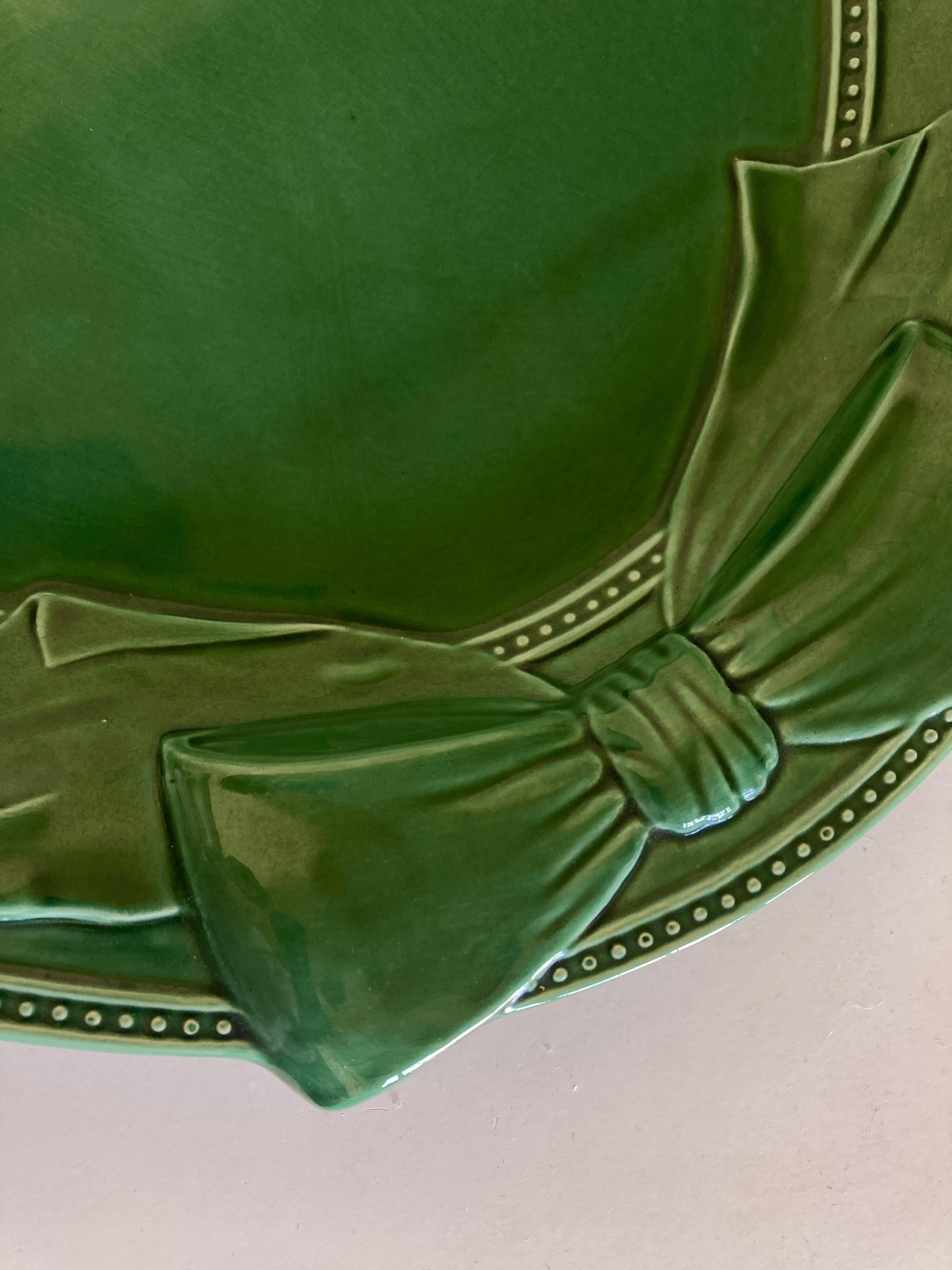 XXXL oval earthenware centerpiece dish with pearl decor, green covered, 1960s