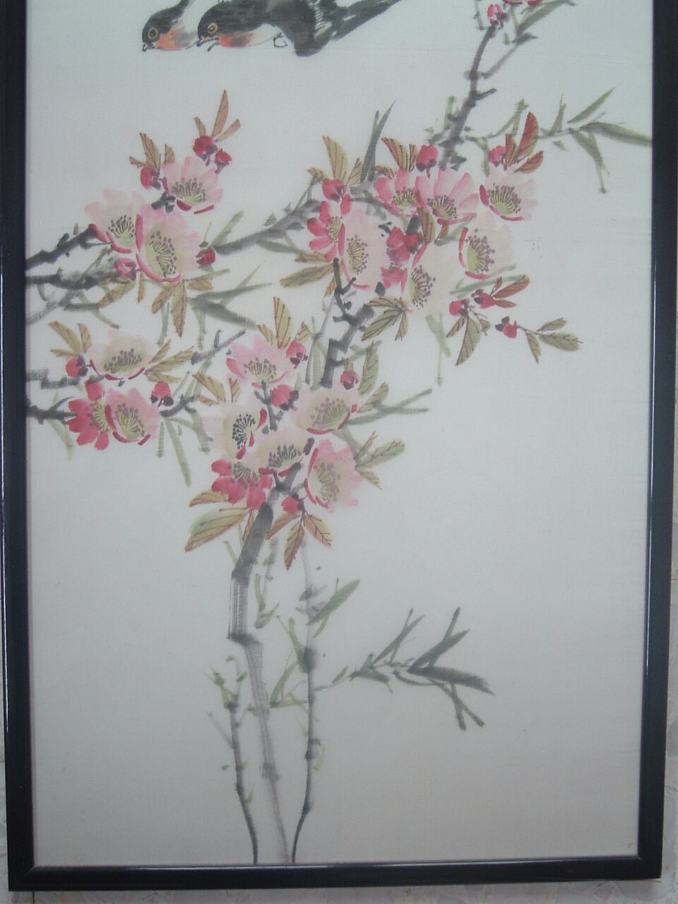 Framed chinese painting on silk, swallows flying on cherry blossoms, south china xx°