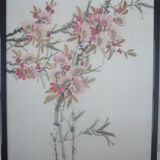 Framed chinese painting on silk, swallows flying on cherry blossoms, south china xx°