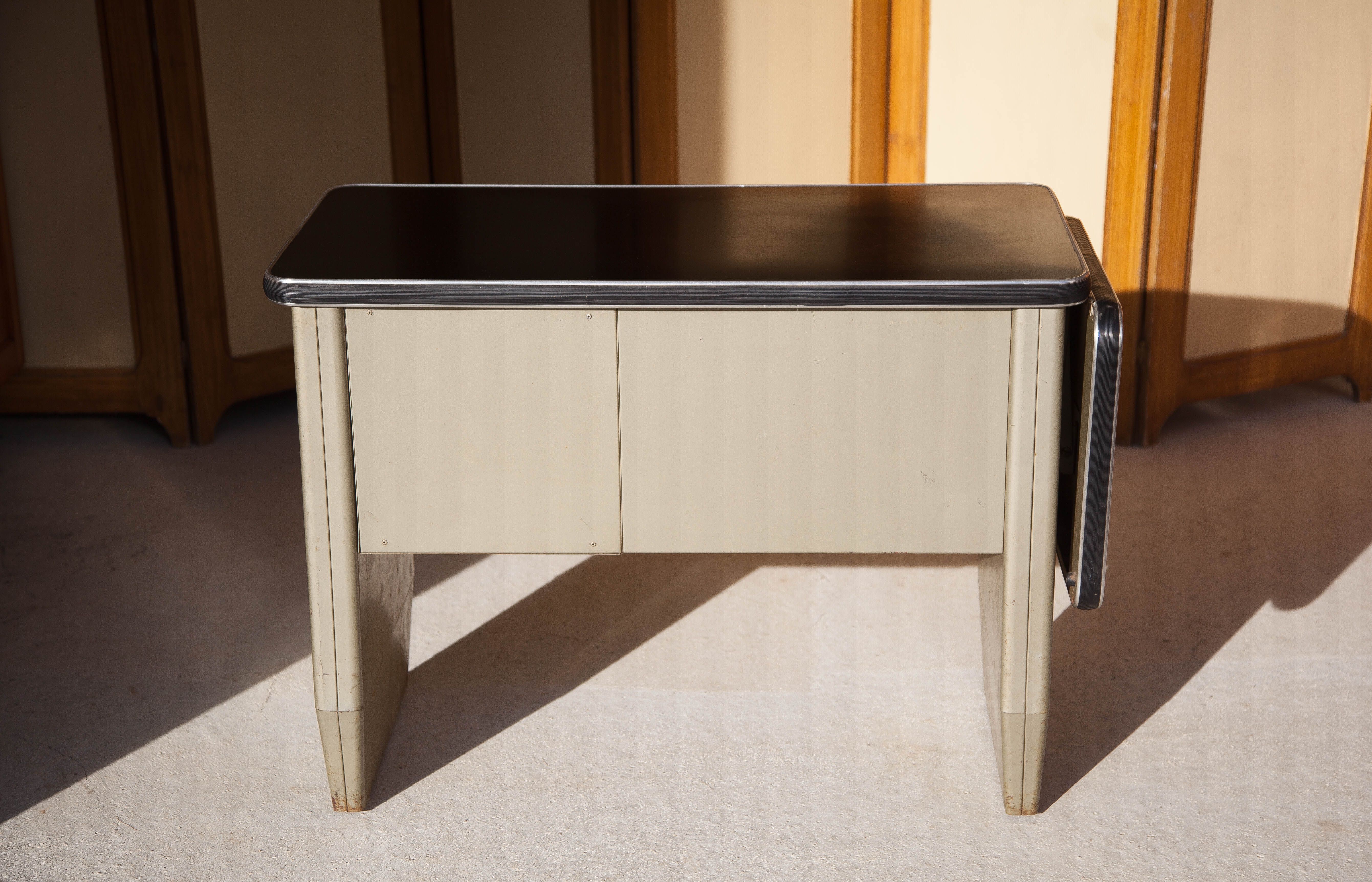 Vintage metal desk, desk with drawers and folding shelf, vintage desk