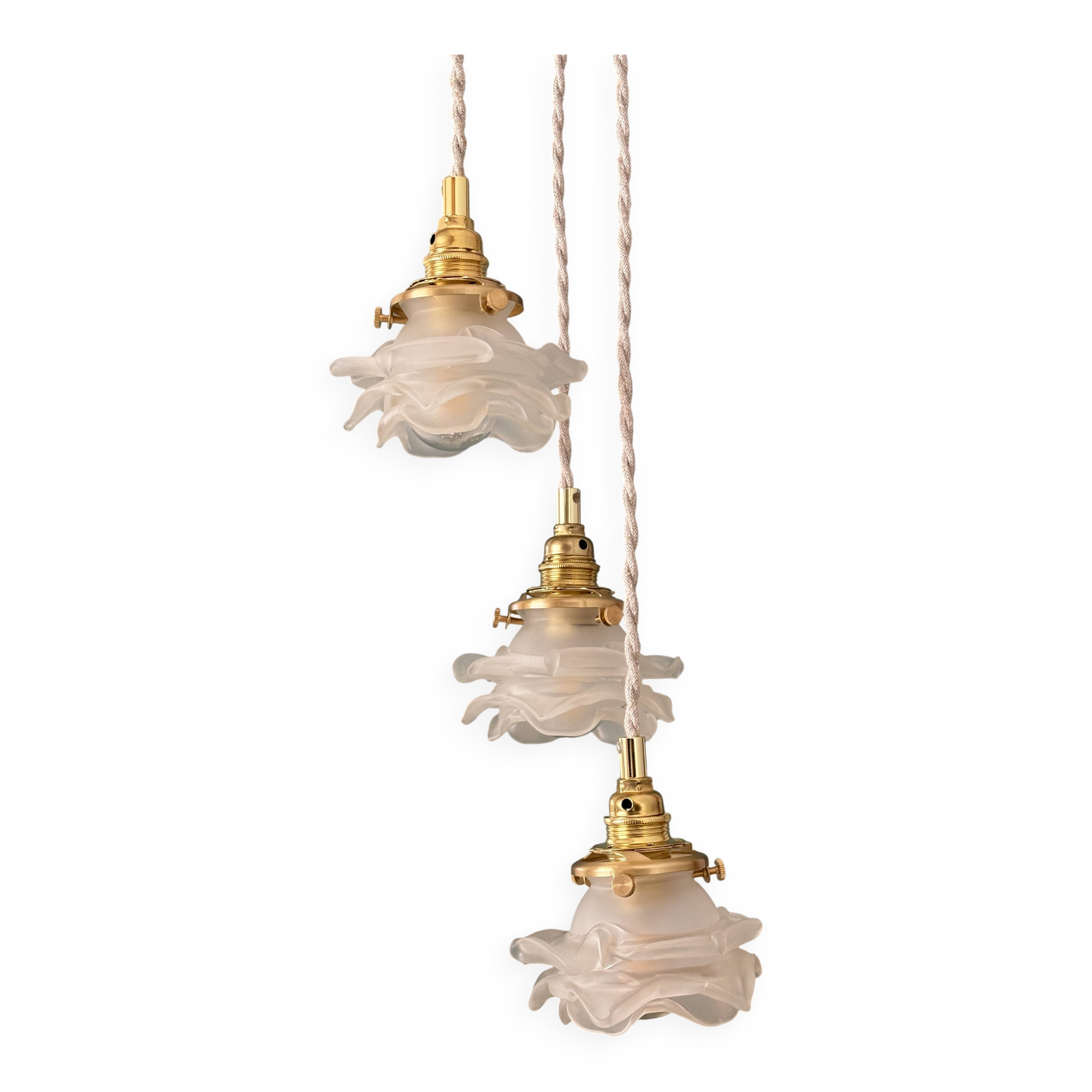 Vintage triple tulip pendant light in frosted glass in the shape of flowers