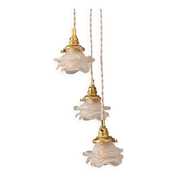 Vintage triple tulip pendant light in frosted glass in the shape of flowers