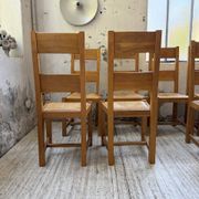 Set of 8 blond oak chairs with straw seats