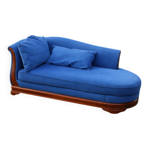 Grande méridienne vintage bleu cobalt en tissu et bois – chaise longue 190