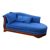 Grande méridienne vintage bleu cobalt en tissu et bois – chaise longue 190