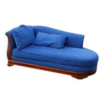 Grande méridienne vintage bleu cobalt en tissu et bois – chaise longue 190