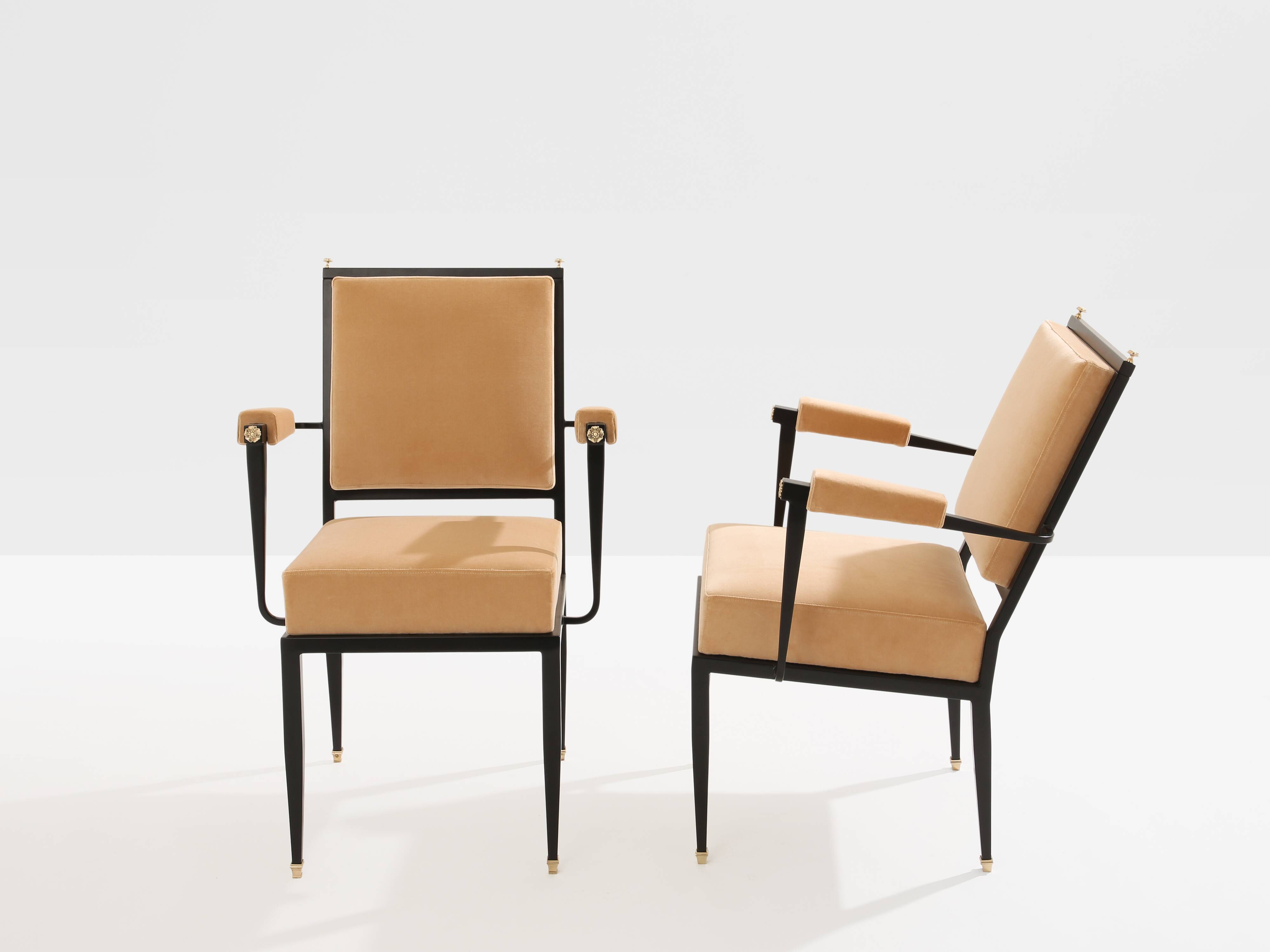 André Arbus attributed neoclassical armchairs metal bronze velvet 1940