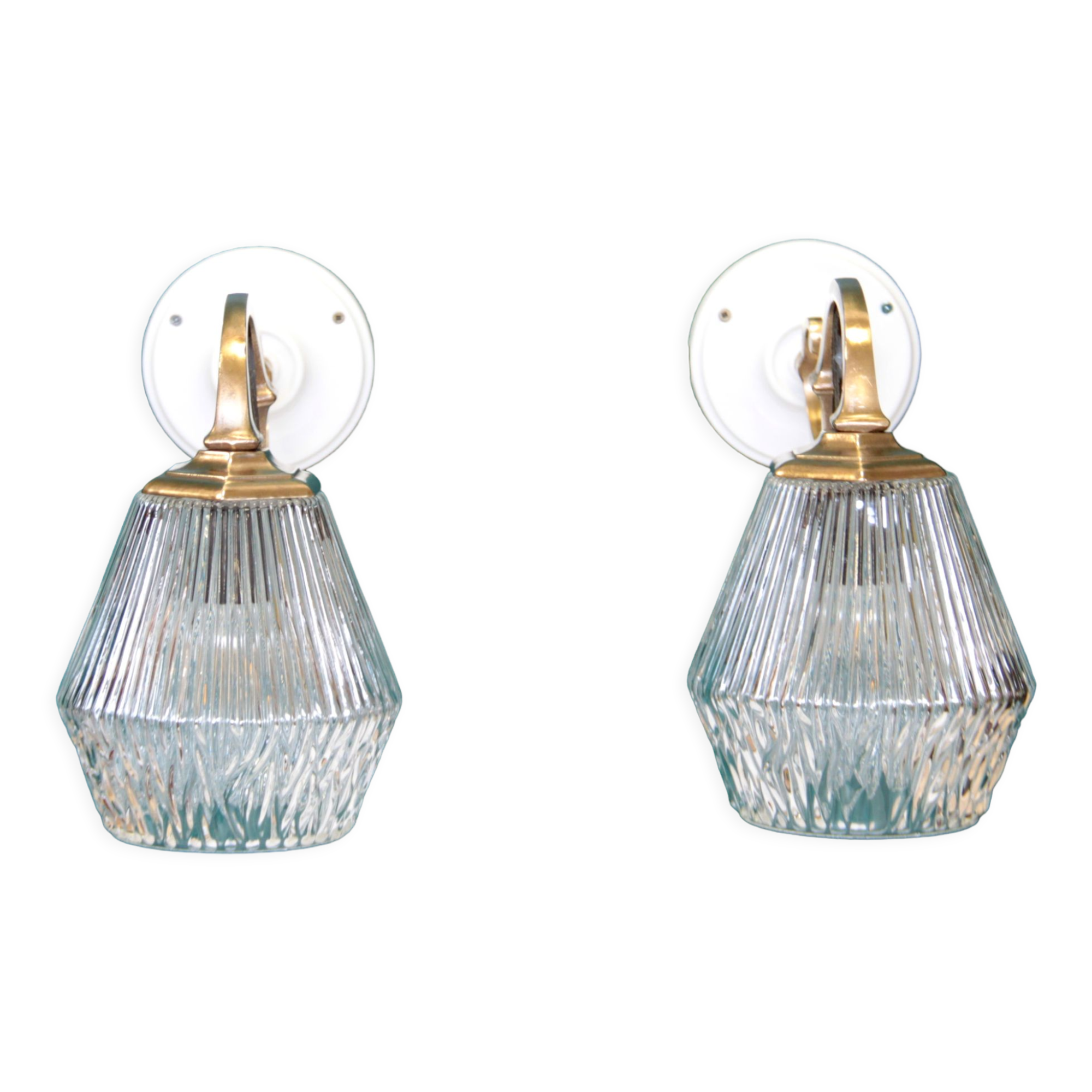 Pair of brass gooseneck wall sconces and glass globe vintage porcelain rosette