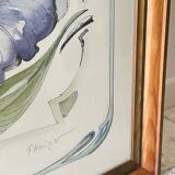 Iris flower on paper with vintage wooden frame