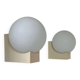 Pair of vintage wall lights, beige metal and opaline, France 1970