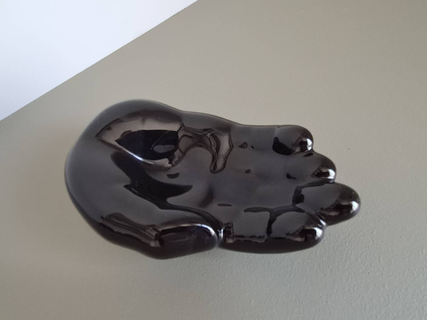 Vintage 1970s black ceramic hand-shaped trinket dish, retro decorative sculpture, centerpiece, home decor, soap dish