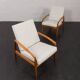 Pair of Kai Kristiansen Paperknife lounge chairs in teak and natural wool