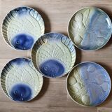 5 assiettes barbotine poissons coquillages Sarreguemines vintage