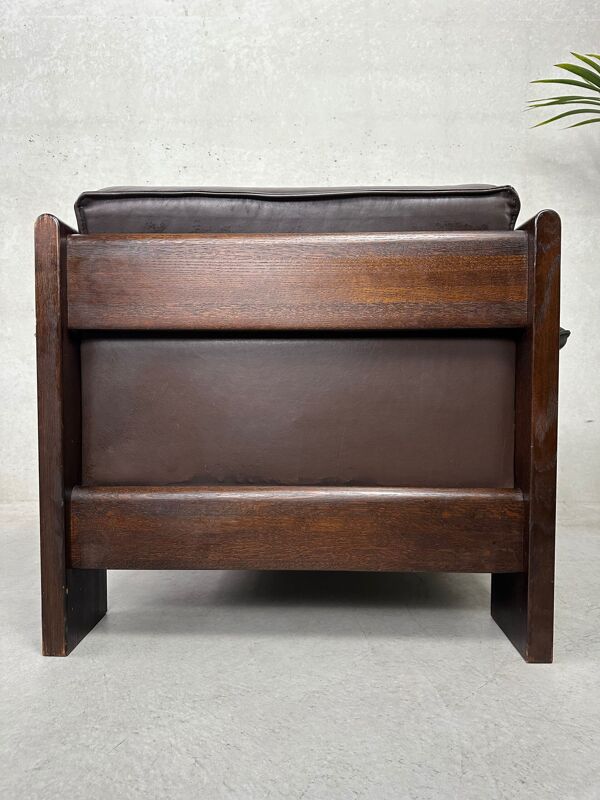 Fauteuil et repose-pieds vintage en cuir marron/chêne Leolux par Harry de Groot – 1970