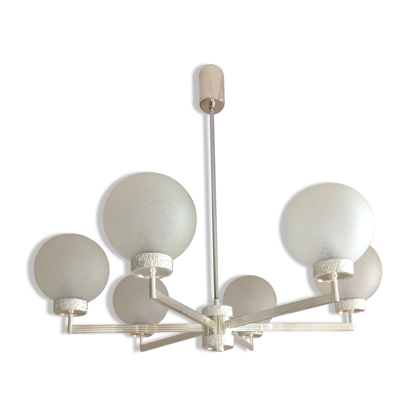 Six-light chrome metal chandelier and opaque glass globes / vintage 60s and 70s