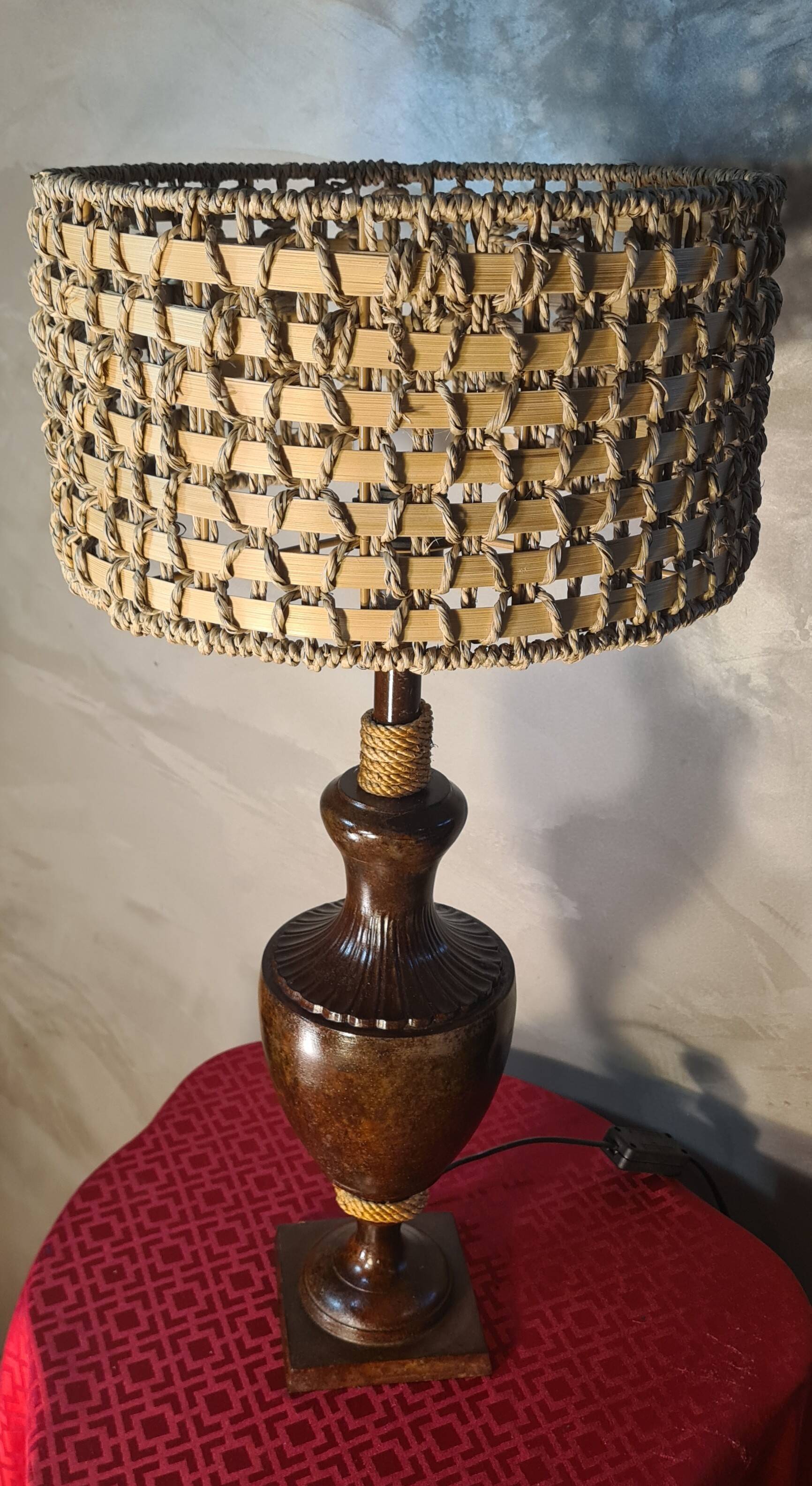 1970s living room lamp, patinated steel, rope and rattan lampshade, 62x30, electric OK