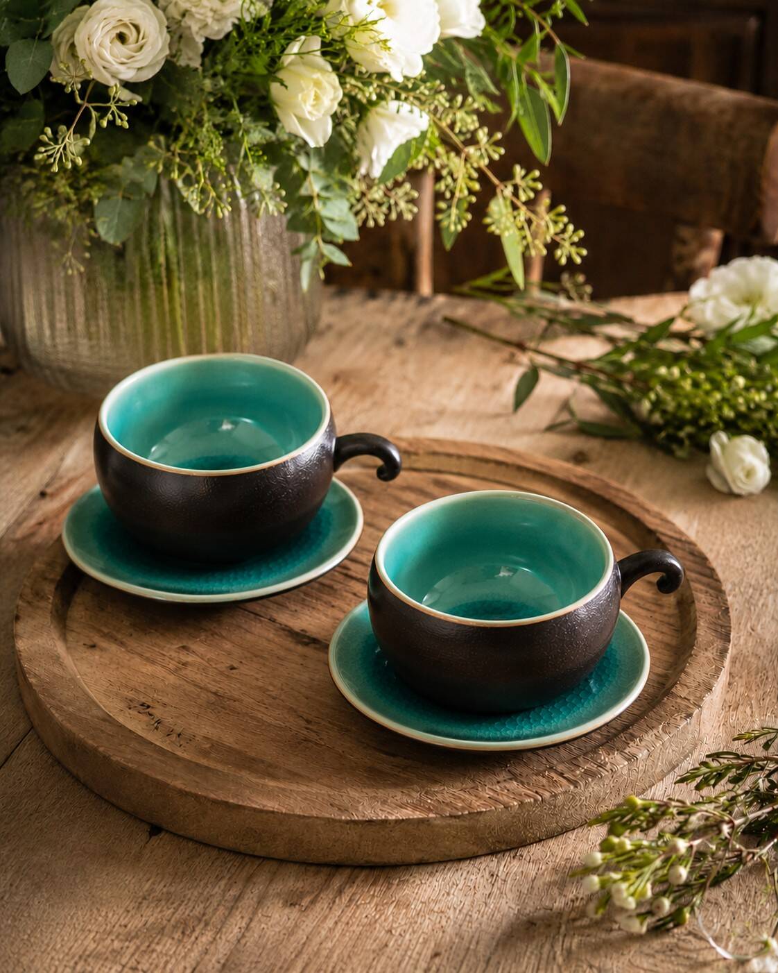 Set of three ceramic cups and saucers – crackled turquoise glaze