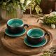 Set of three ceramic cups and saucers – crackled turquoise glaze