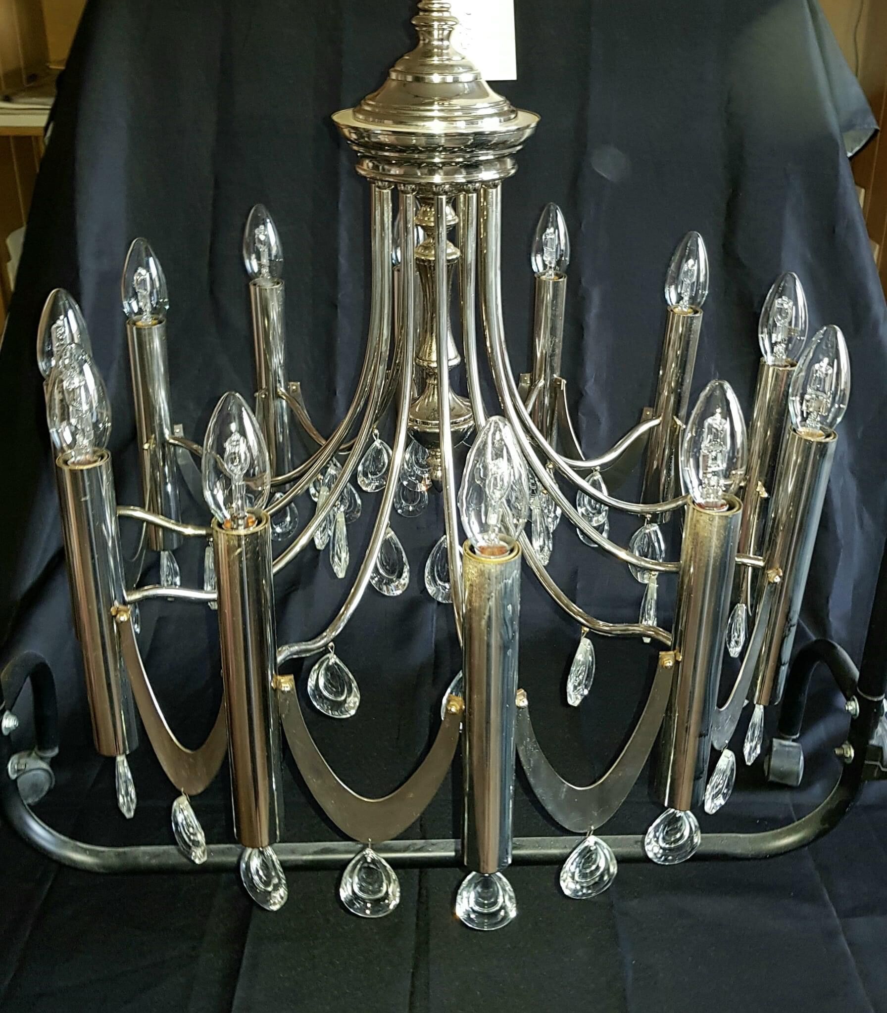Magnificent rare large chandelier design chromed metal, stainless steel, tassels crystal pop age
