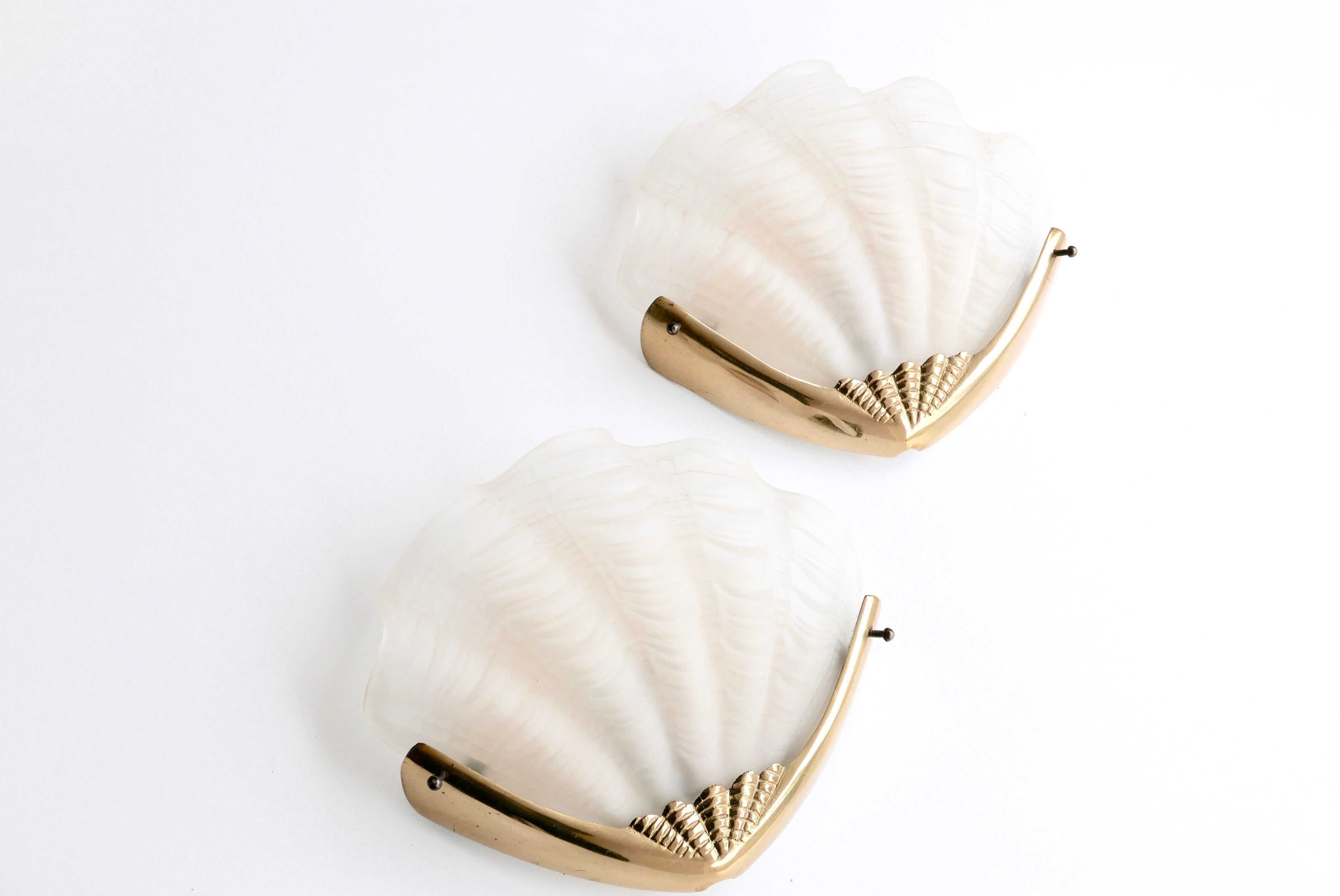 Pair of glass and brass sconces shell, 70 years