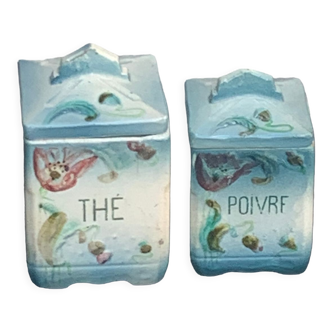 Spice jars; Tea and pepper in slurry with flower patterns, Art Nouveau enamelled ceramic