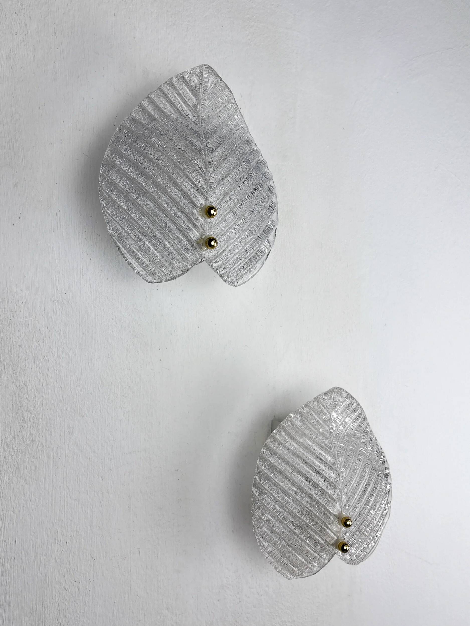 Pair of Murano frosted leaf sconces, textured glass & gilt details, Italy, 1970
