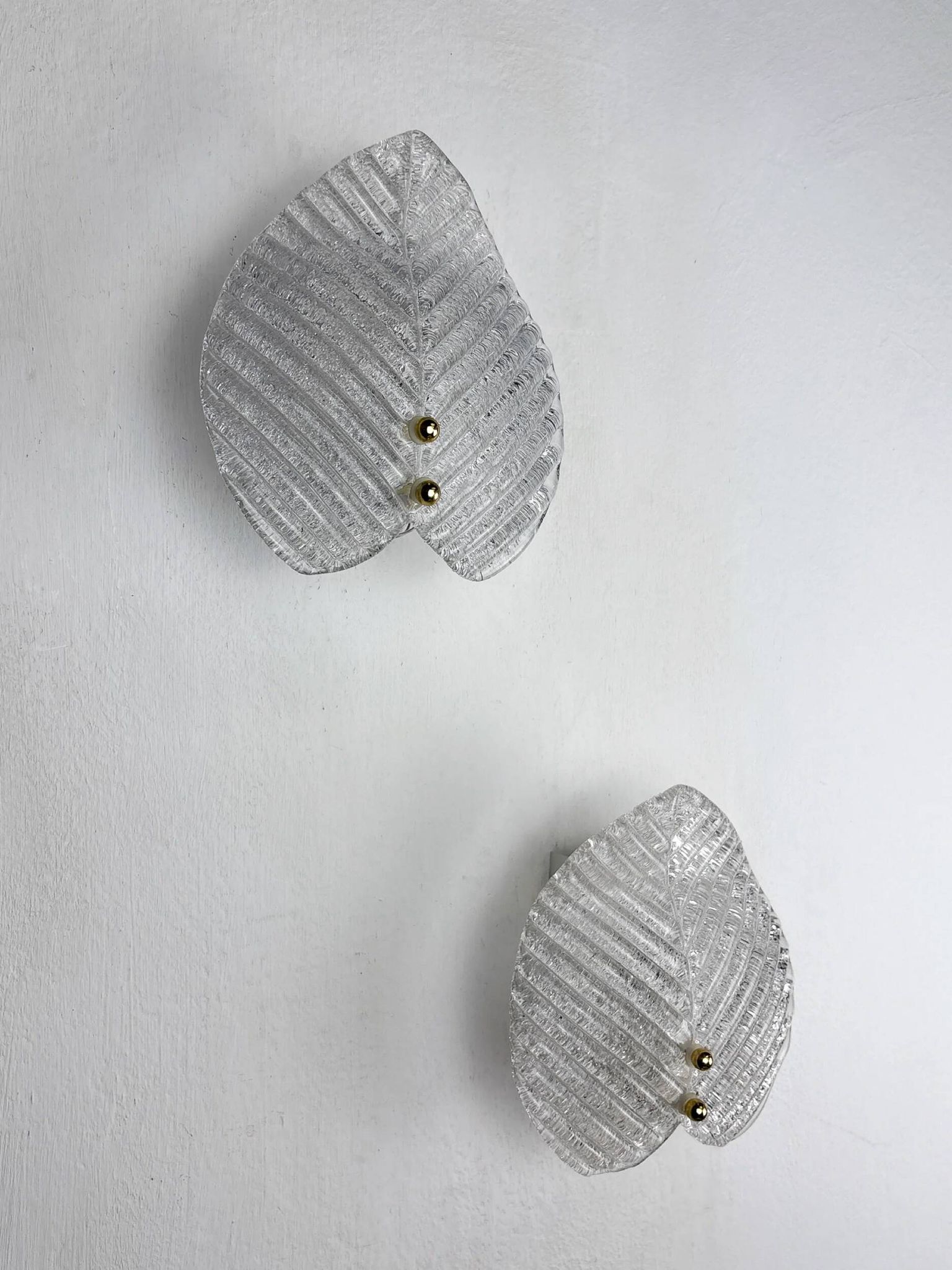 Pair of Murano frosted leaf sconces, textured glass & gilt details, Italy, 1970