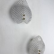Pair of Murano frosted leaf sconces, textured glass & gilt details, Italy, 1970