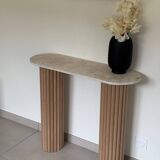 Travertine and wood console | raw oak