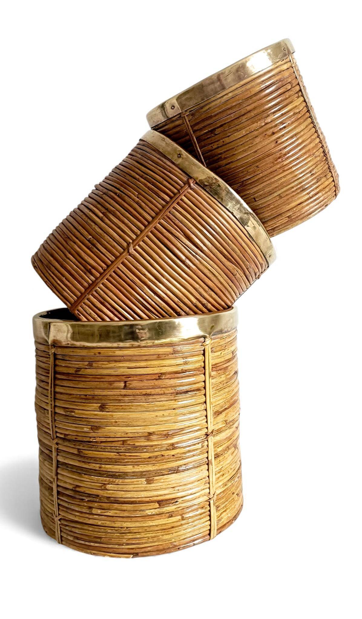 Mid-Century Organic Modern Large Pencil Reed / Rattan Planter with Brass Rim