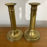 Paire De Bougeoir A Poussoir Ancien Laiton Vintage #C408