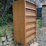 Chiffonnier vintage en rotin et pieds compas 1950