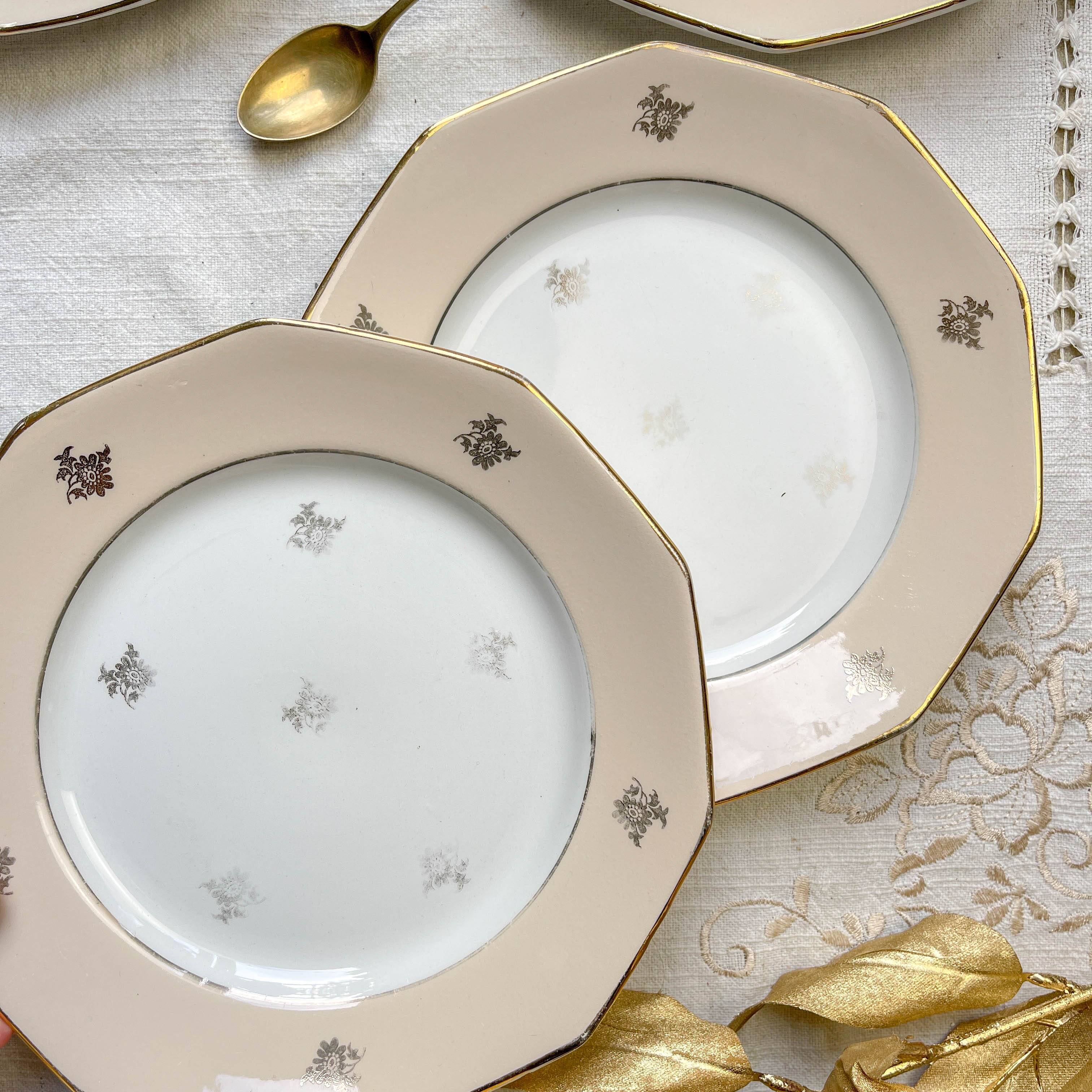 8 small vintage mismatched plates in French Limoges porcelain, Orchies - golden flower and bird motifs